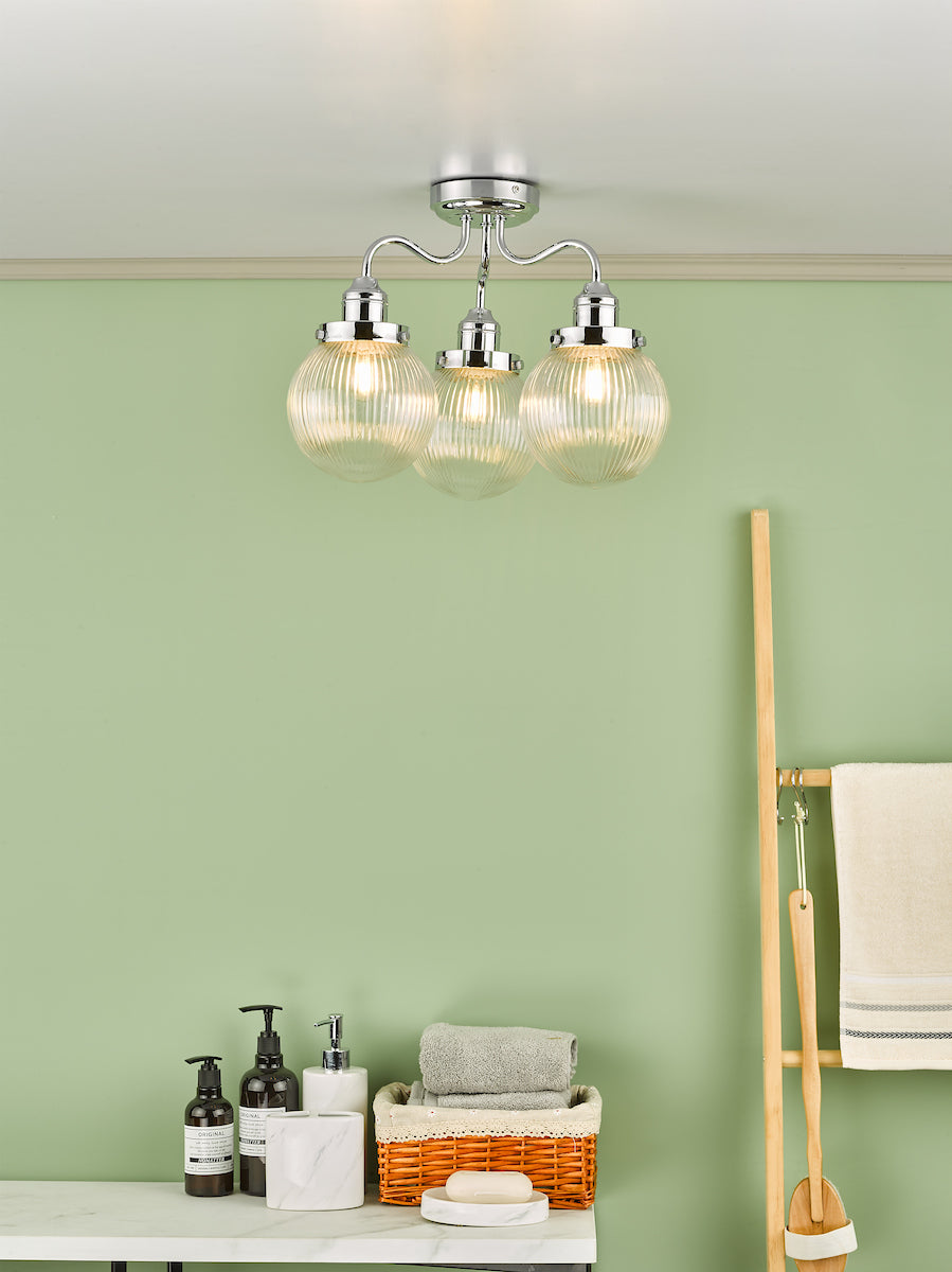 Tamara 3 Light Bathroom Semi Flush Polished Chrome Ribbed Glass IP44<br>Polished Chrome