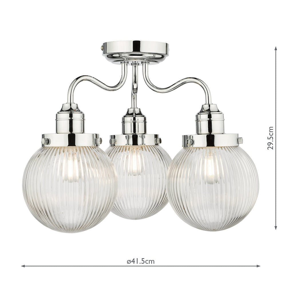 Tamara 3 Light Bathroom Semi Flush Polished Chrome Ribbed Glass IP44<br>Polished Chrome