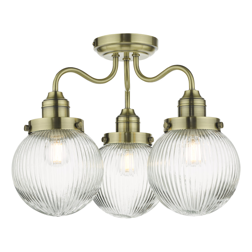 Tamara 3 Light Bathroom Semi Flush Antique Brass Ribbed Glass IP44<br>Antique Brass
