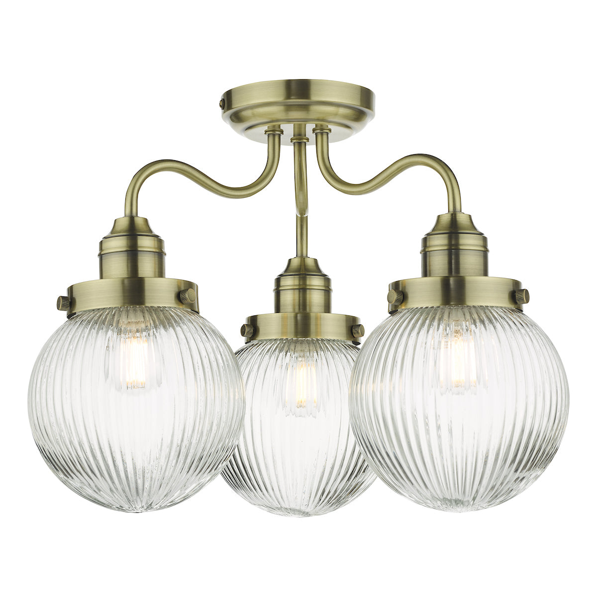 Tamara 3 Light Bathroom Semi Flush Antique Brass Ribbed Glass IP44<br>Antique Brass