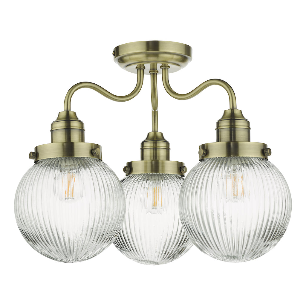 Tamara 3 Light Bathroom Semi Flush Antique Brass Ribbed Glass IP44<br>Antique Brass