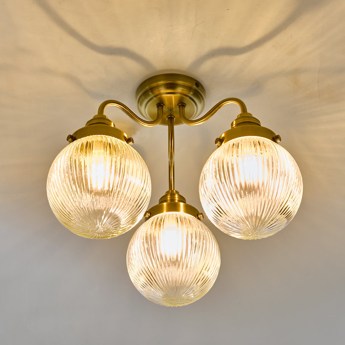 Tamara 3 Light Bathroom Semi Flush Antique Brass Ribbed Glass IP44<br>Antique Brass