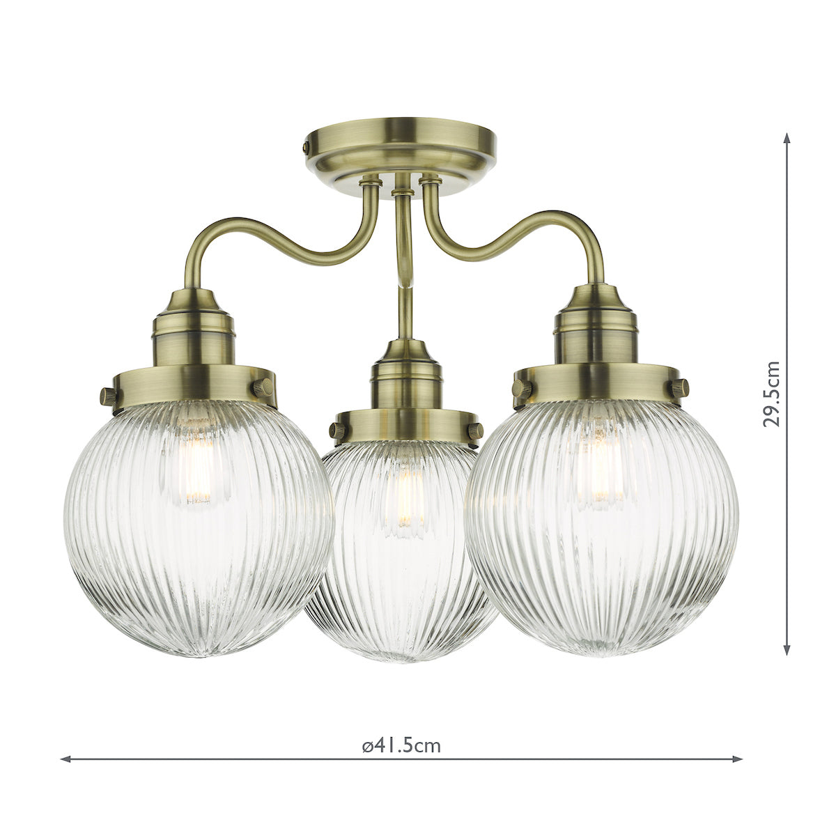 Tamara 3 Light Bathroom Semi Flush Antique Brass Ribbed Glass IP44<br>Antique Brass