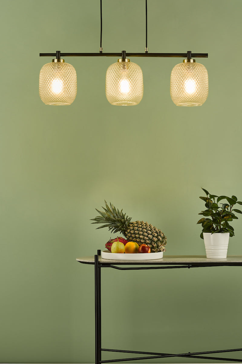 Tehya 3 Light Bar Pendant Matt Black Textured Glass<br>Matt Black
