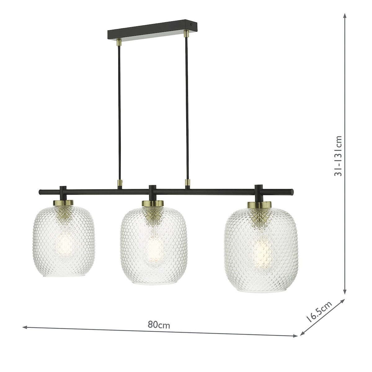 Tehya 3 Light Bar Pendant Matt Black Textured Glass<br>Matt Black