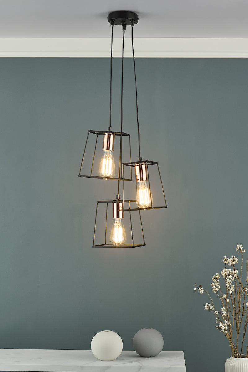 Tower 3 Light Cluster Pendant Black & Copper<br>Matt Black
