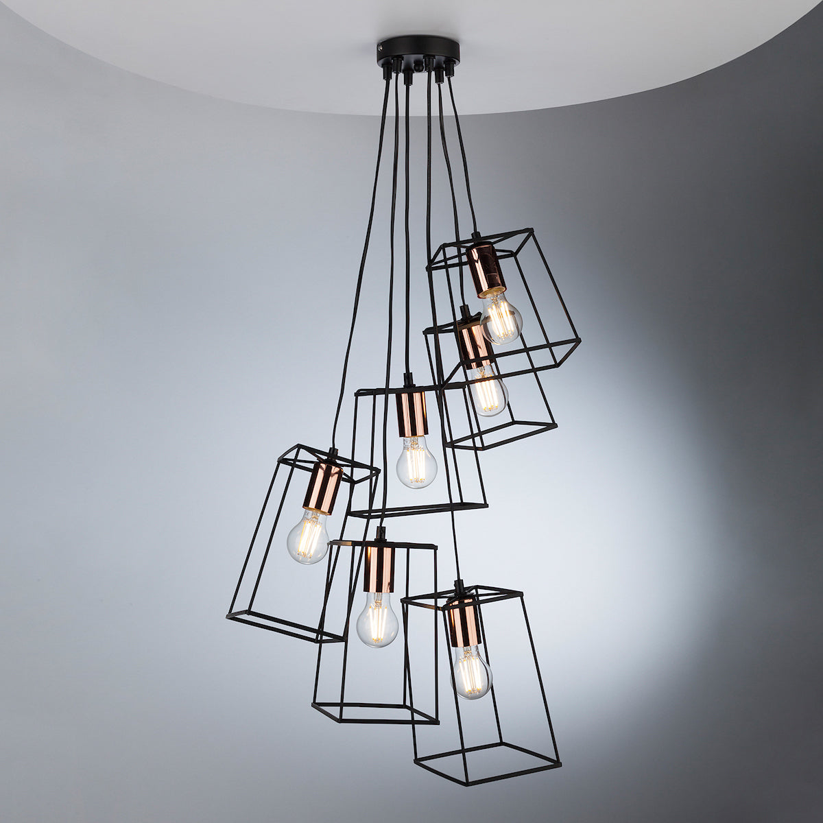 Tower 6 Light Cluster Pendant Matt Black & Copper<br>Matt Black