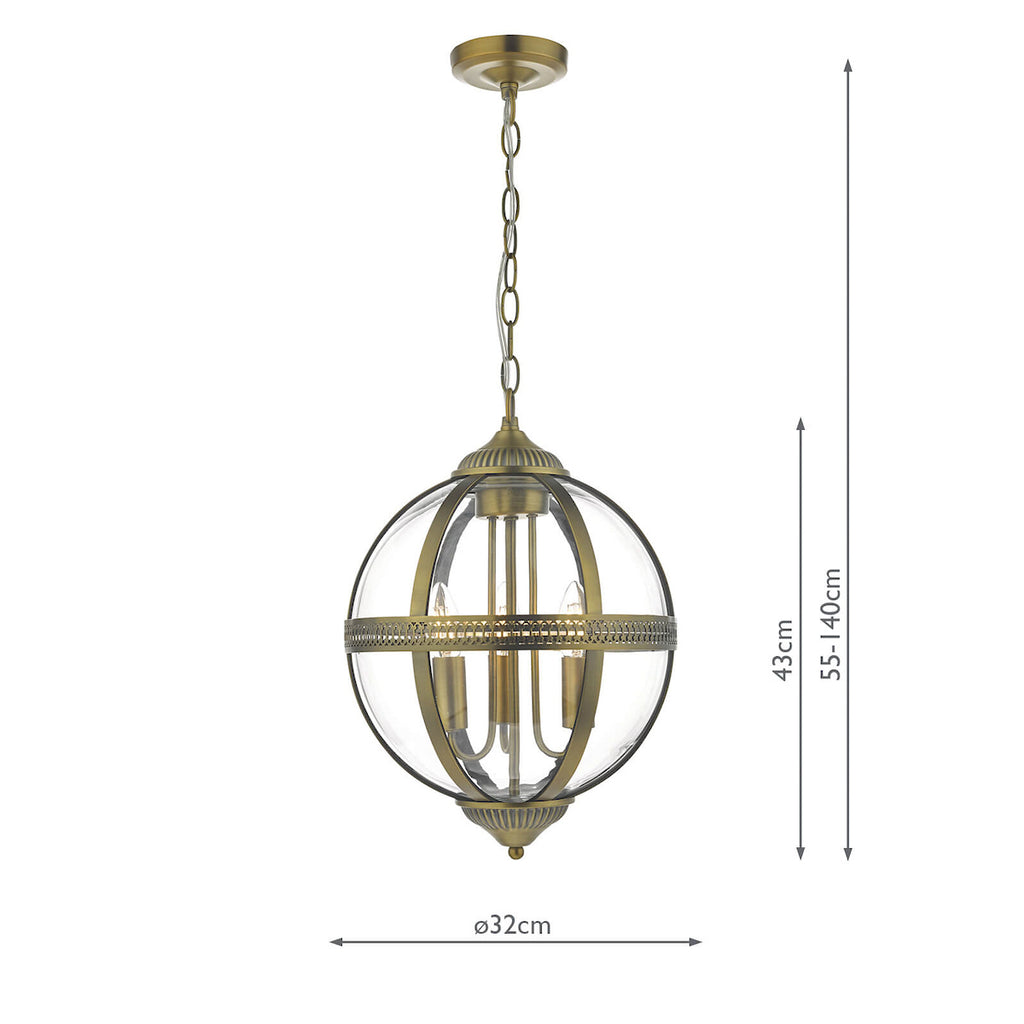 Vanessa 3 Light Pendant Antique Brass And Clear<br>Antique Brass
