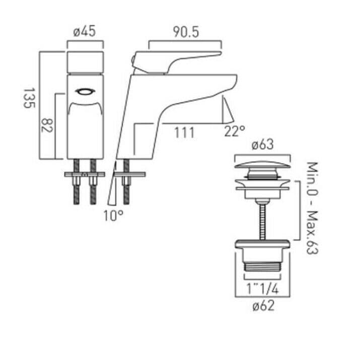 Vado Ava Ascent Mono Basin Mixer With Clic Clac Waste ASC-100/CC-C/P