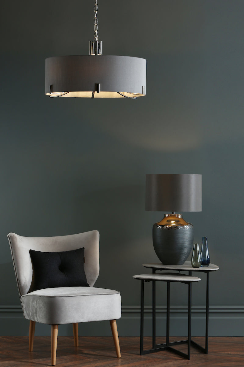 Veyron 6 Light Pendant Polished Nickel With Grey Shade<br>Polished Nickel