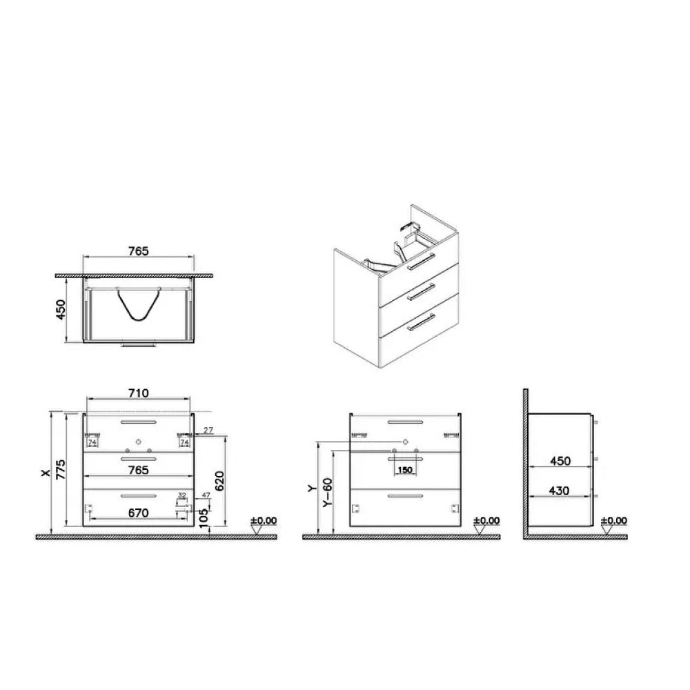 VitrA Integra Wall Mounted 3 Drawer Complete Basin Unit - Gloss White