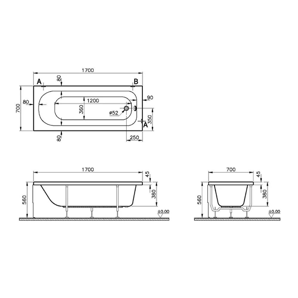 VitrA Optima 1700mm Bath with Legs