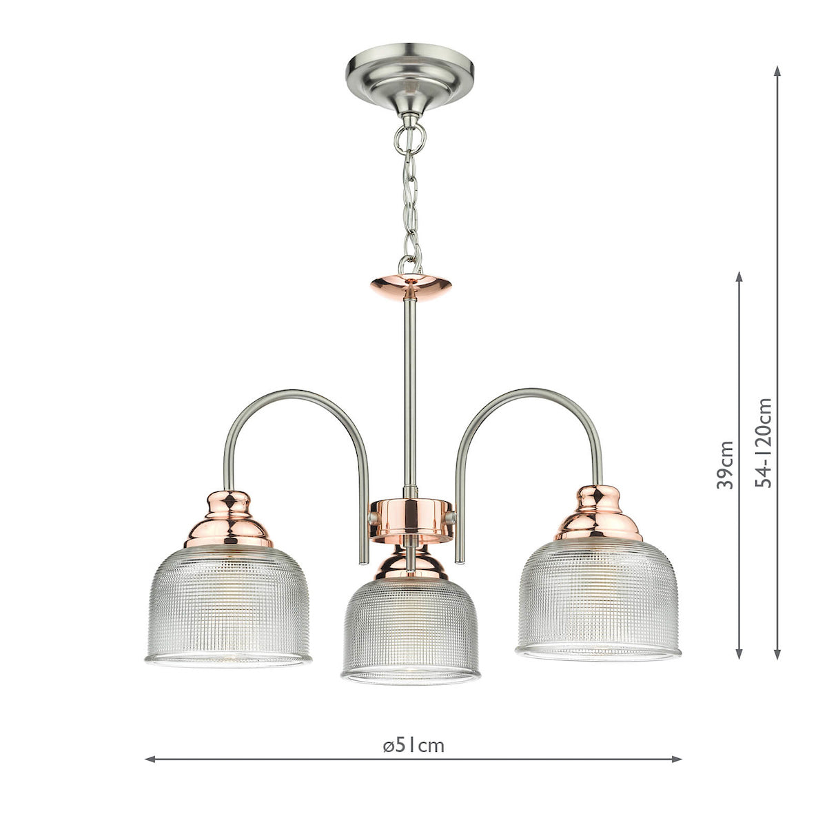 Wharfdale 3 Light Pendant Satin Chrome & Copper Textured Glass<br>Satin Chrome