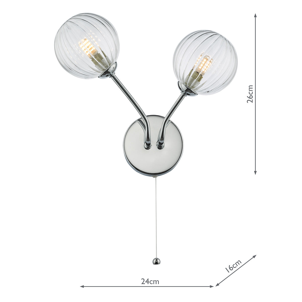 Yiska 2 Light Wall Light Polished Chrome Ribbed Glass<br>Polished Chrome