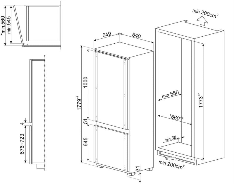 Smeg C9174TN5D 60cm Integrated Total No Frost 70/30 Fridge Freezer - Sliding Hinge