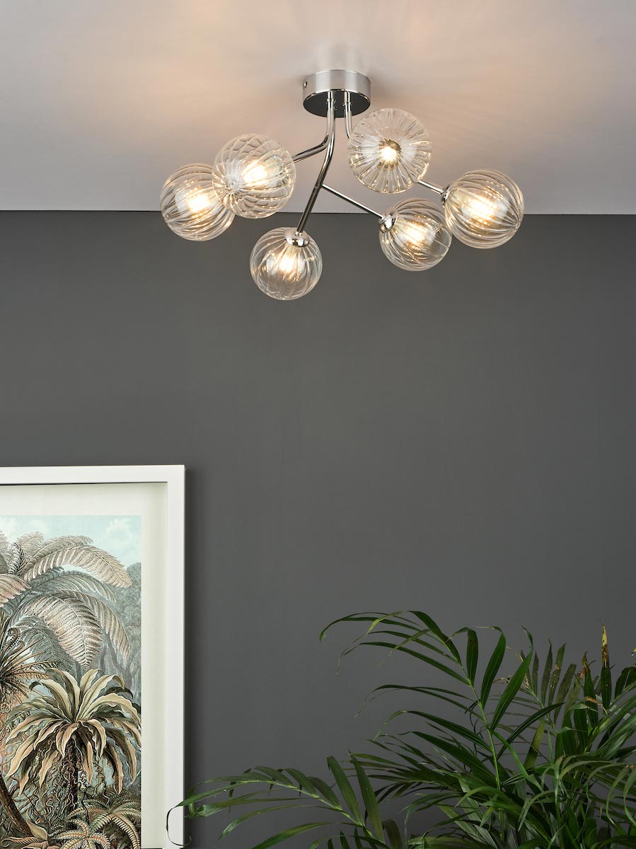 Yiska 6 Light Semi Flush Polished Chrome Ribbed Glass Polished Chrome