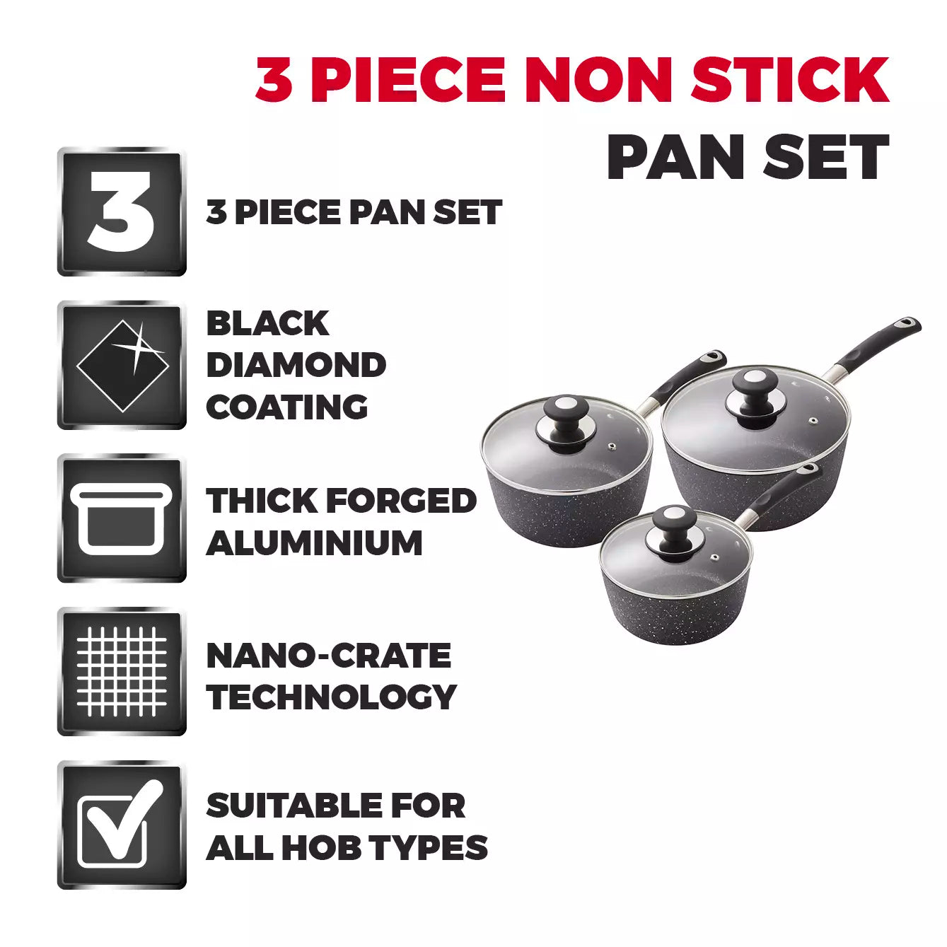 Tower T900111 Precision 3 Piece Non-Stick Forged Aluminium Pan-Black