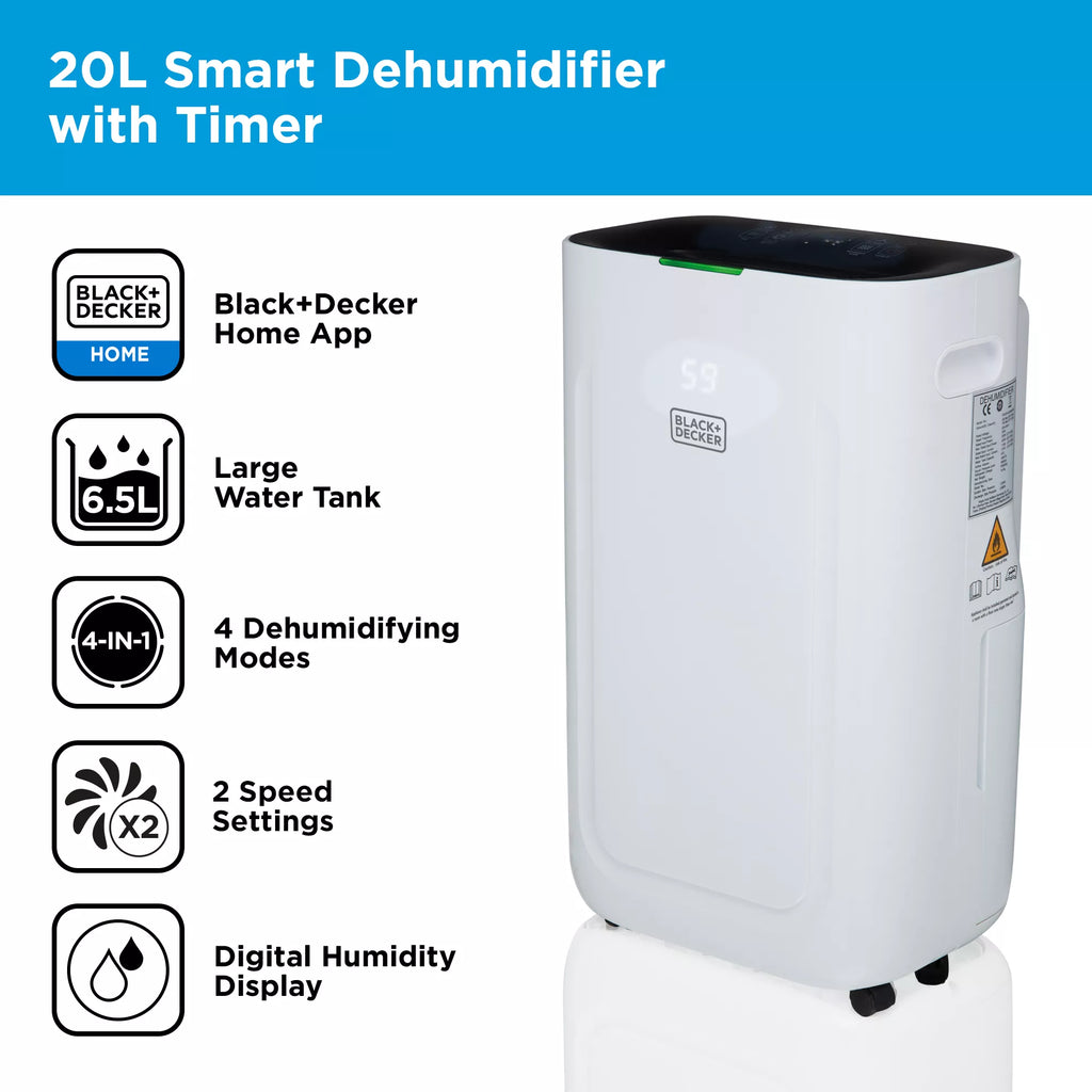 Black & Decker BXEH60014GB 20L Smart Dehumidifier - 4 Modes Quiet 6.5L Water Tank - 24 Hour Timer White