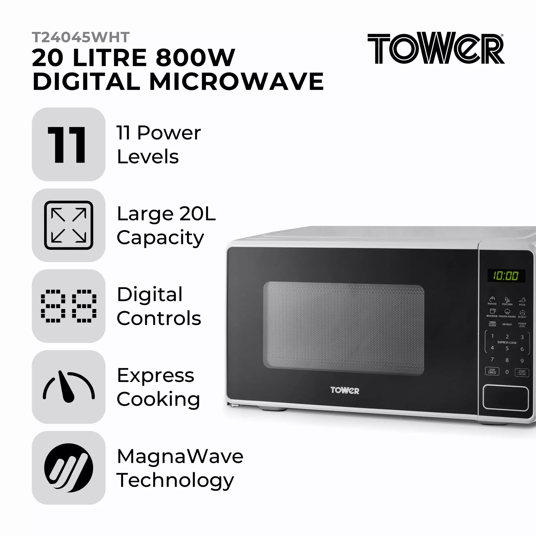 Tower T24045WHT 20L 800W Digital Microwave-White