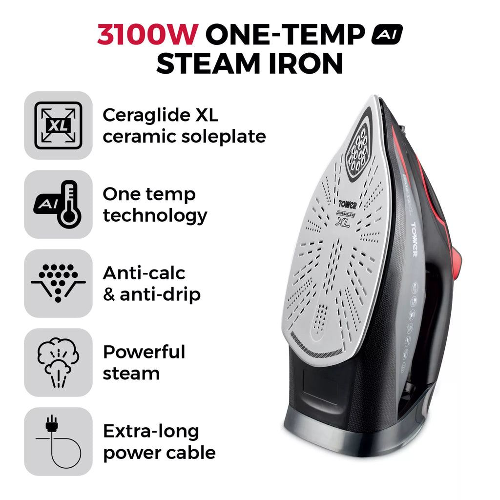 Tower T22034RED Ceraglide XL Soleplate One Temp  Steam Iron