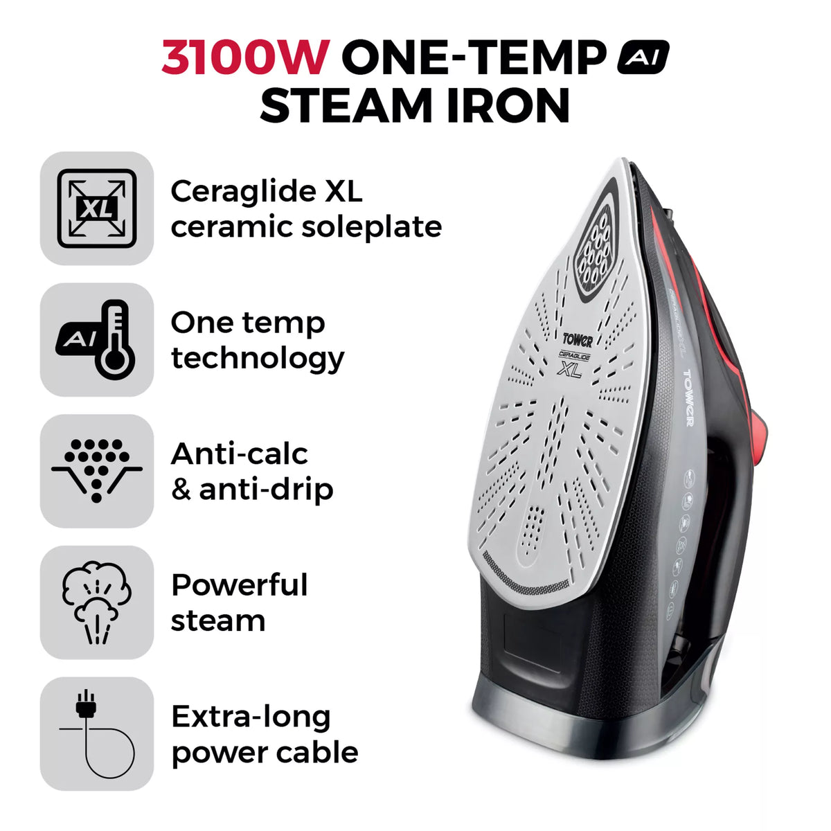 Tower T22034RED Ceraglide XL Soleplate One Temp  Steam Iron