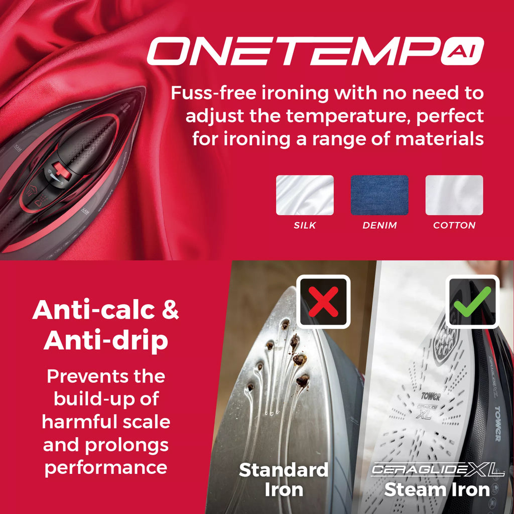 Tower T22034RED Ceraglide XL Soleplate One Temp  Steam Iron