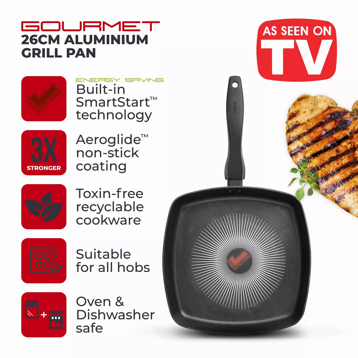 Tower T700317 SmartStart Gourmet 26cm Aluminium Grill Pan   Induction Compatible -  Oven Safe -  Black