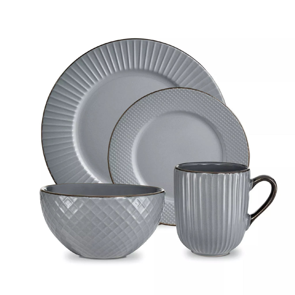 Tower T867002GRY 16 Piece Embossed Stoneware Dinner Set Grey