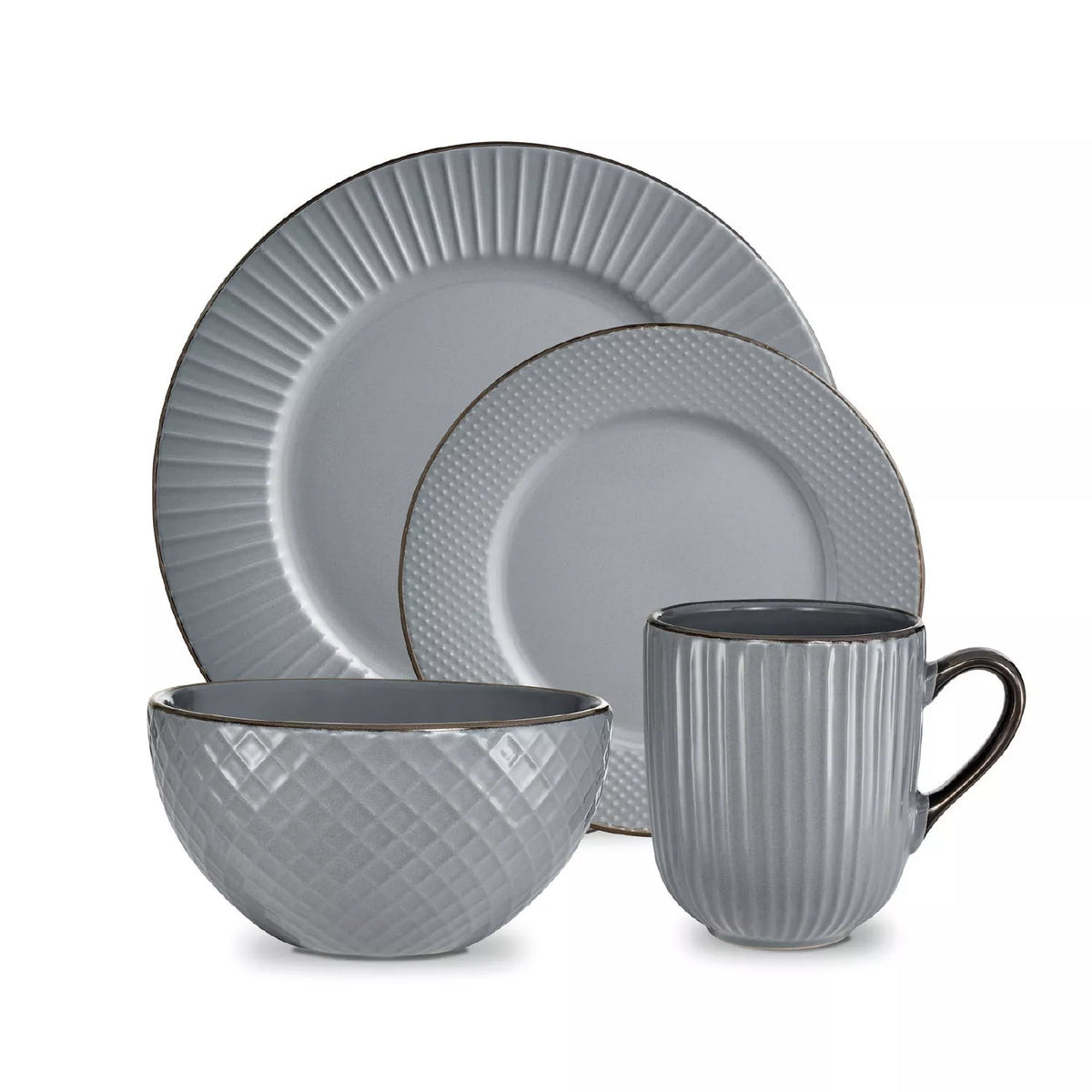 Tower T867002GRY 16 Piece Embossed Stoneware Dinner Set Grey