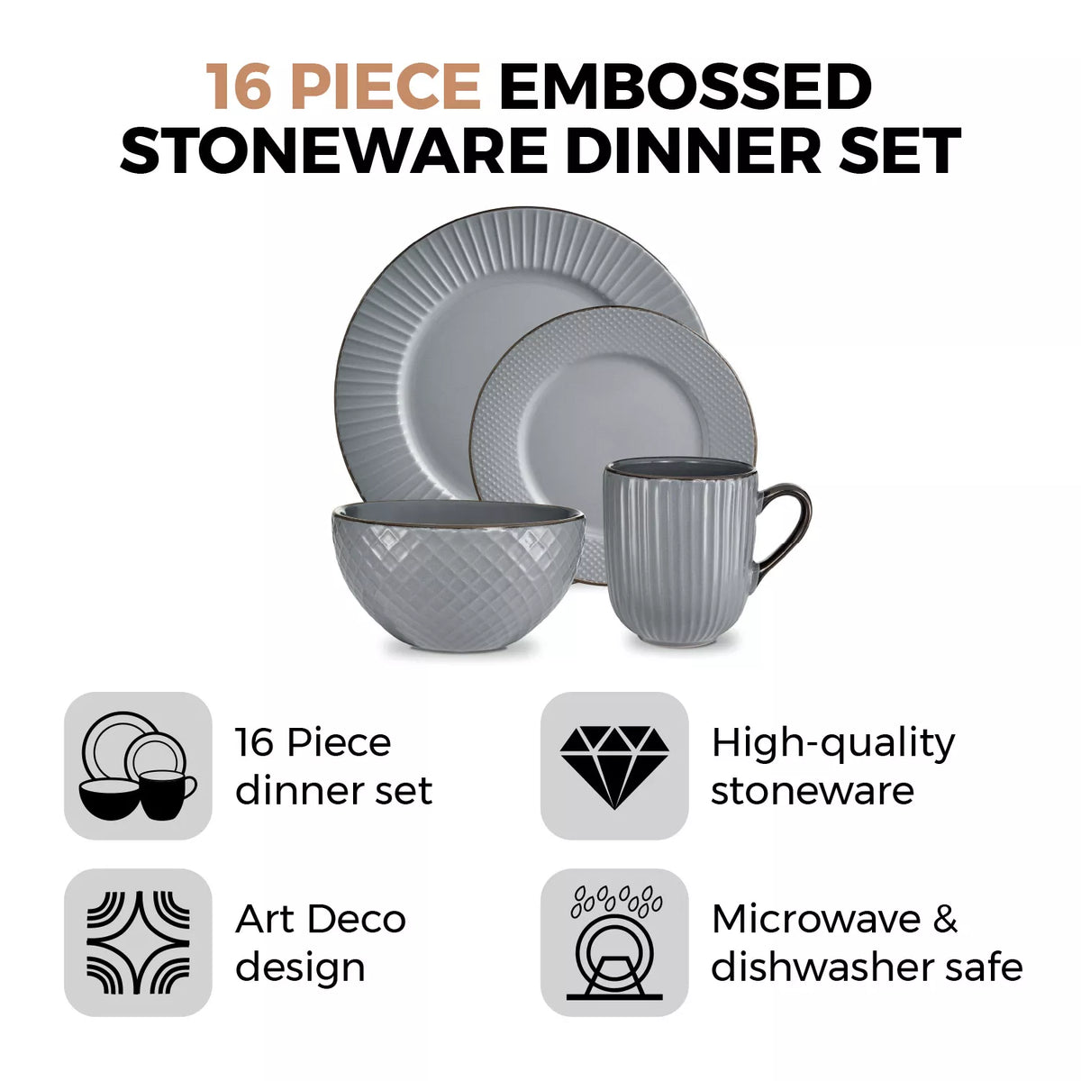 Tower T867002GRY 16 Piece Embossed Stoneware Dinner Set Grey