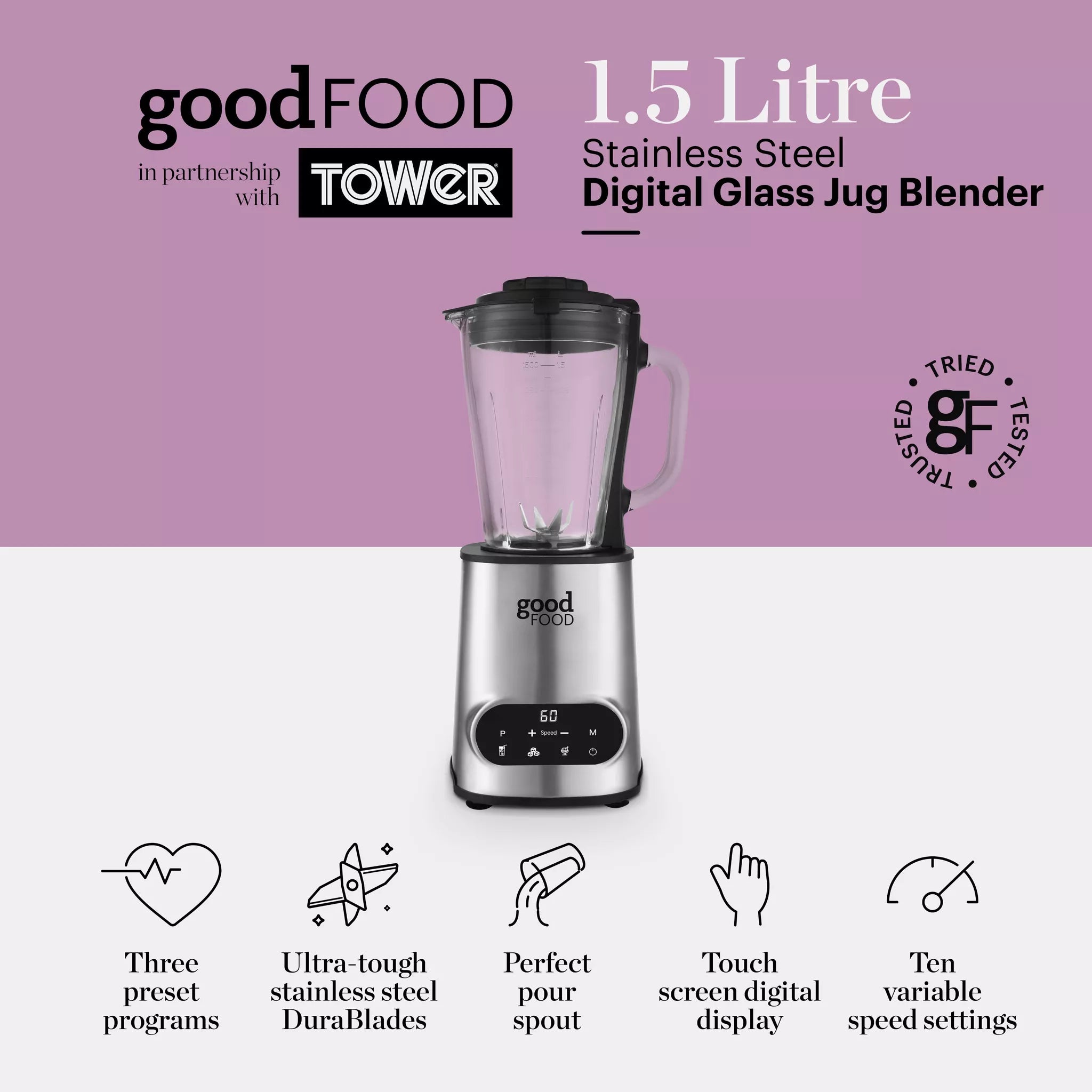 Good Food By Tower GF12013 Digital 1.5L Jug Blender with 5 Speed Settings - 1200W - Stainless Steel