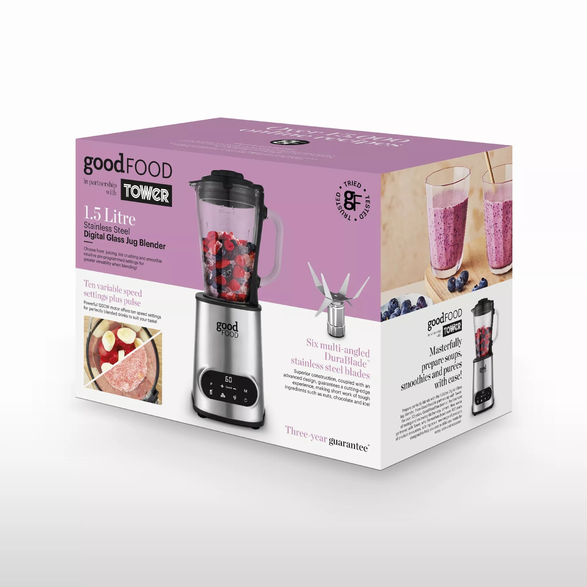 Good Food By Tower GF12013 Digital 1.5L Jug Blender with 5 Speed Settings - 1200W - Stainless Steel