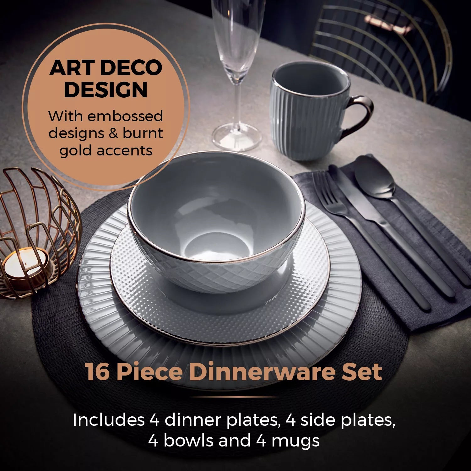 Tower T867002GRY 16 Piece Embossed Stoneware Dinner Set Grey