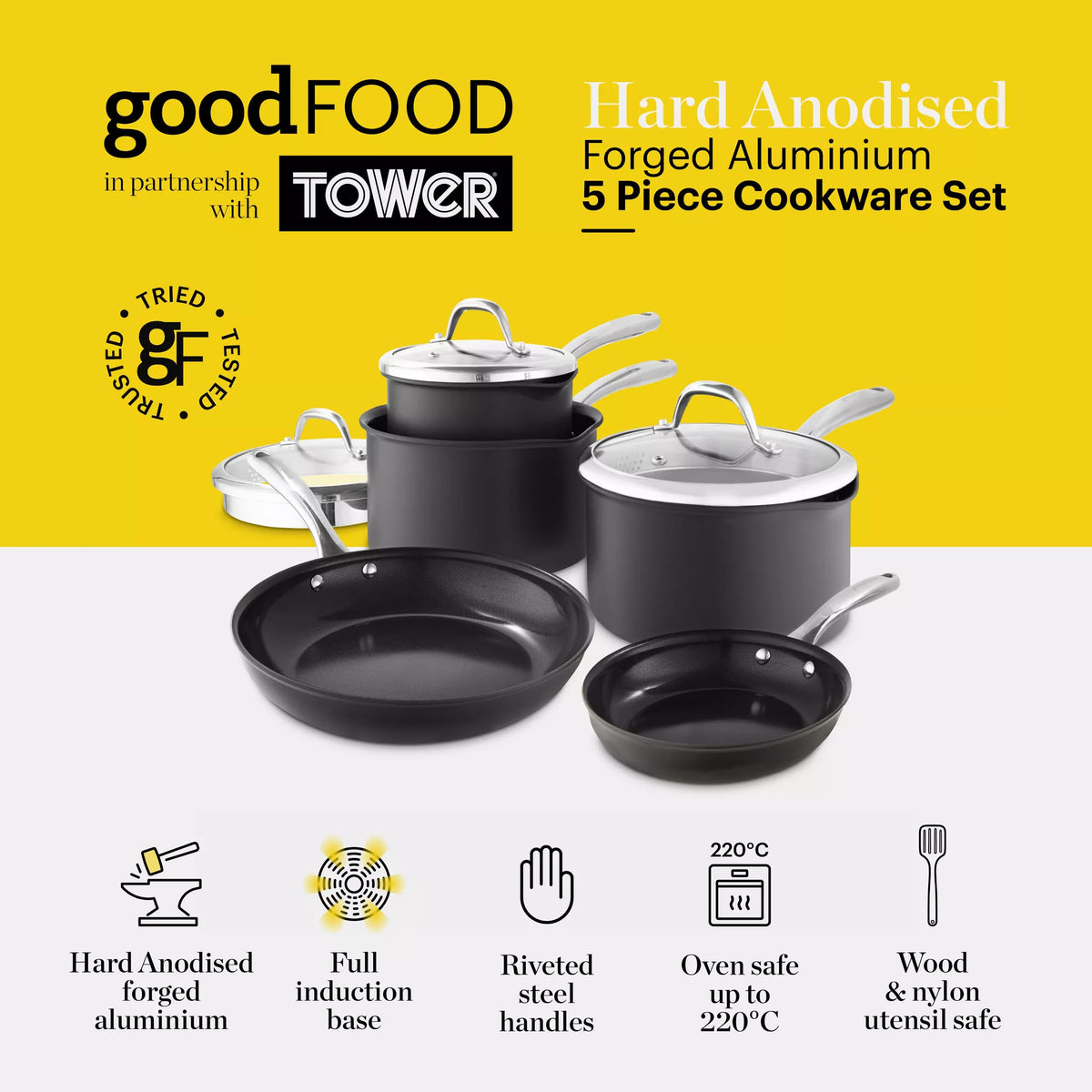 Good Food By Tower GF900258  Hard Anodised 5 Piece Cookware Set with Tempered Glass Lids - Grey