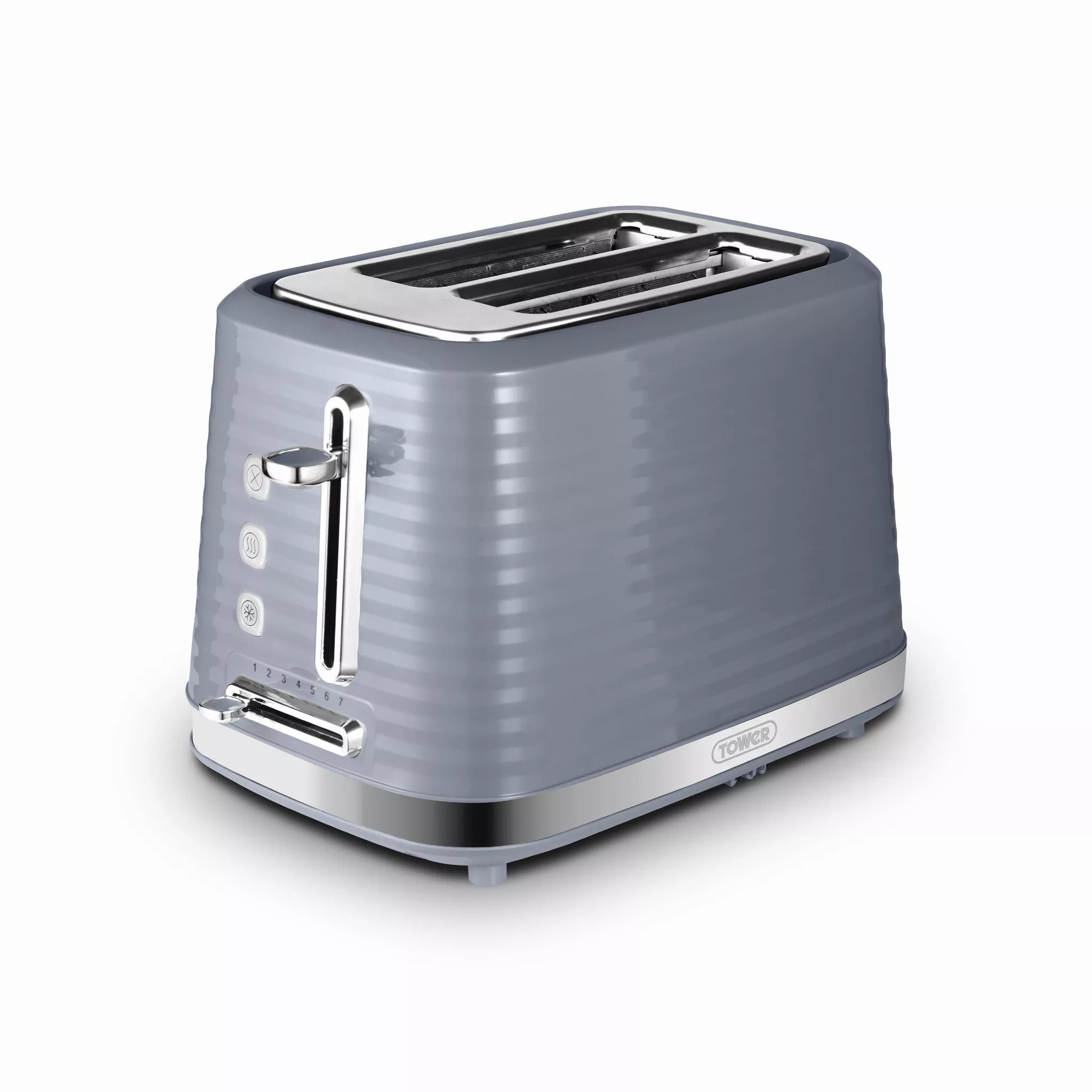 Tower T20083GRY Saturn 2-Slice Toaster with 7 Browning Levels - Defrost/Reheat/Cancel - Grey and Chrome Accents
