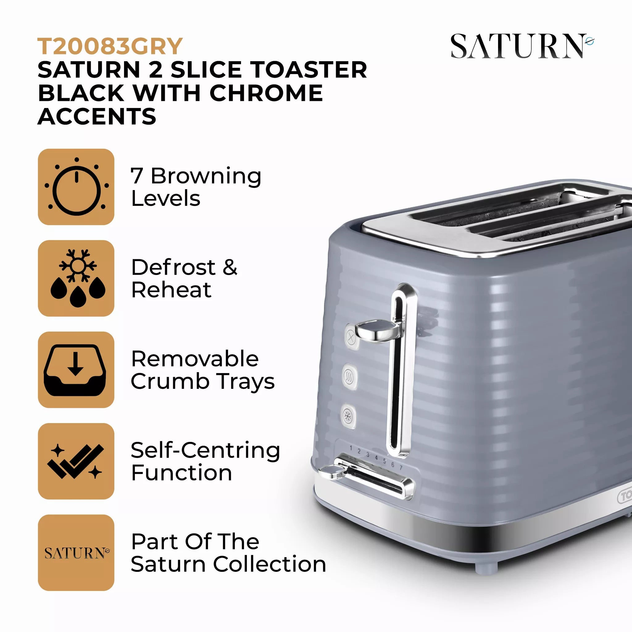 Tower T20083GRY Saturn 2-Slice Toaster with 7 Browning Levels - Defrost/Reheat/Cancel - Grey and Chrome Accents