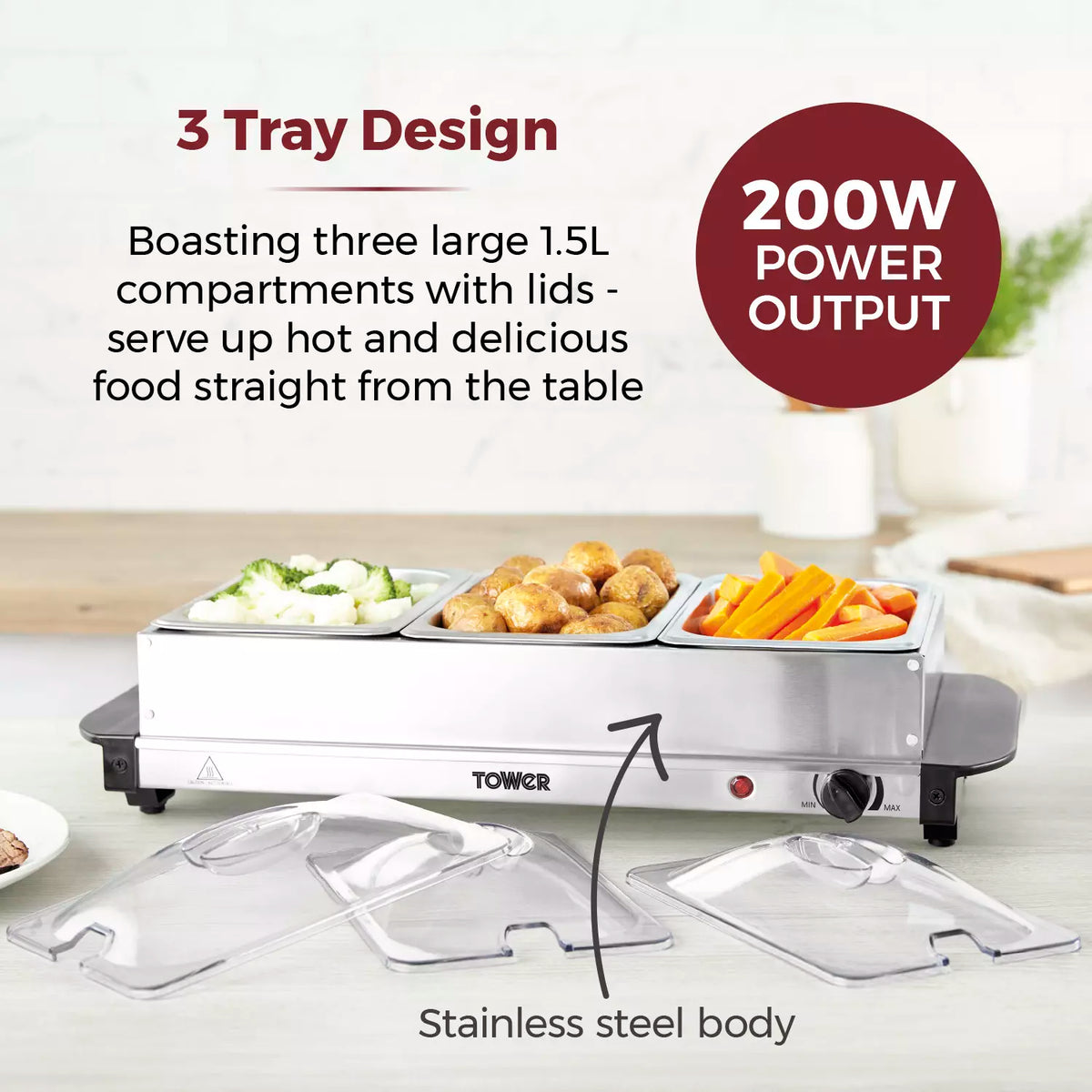 Tower T16150 Buffet Server with 3 x 1.5L Tray Capacity  200W Stainless Steel