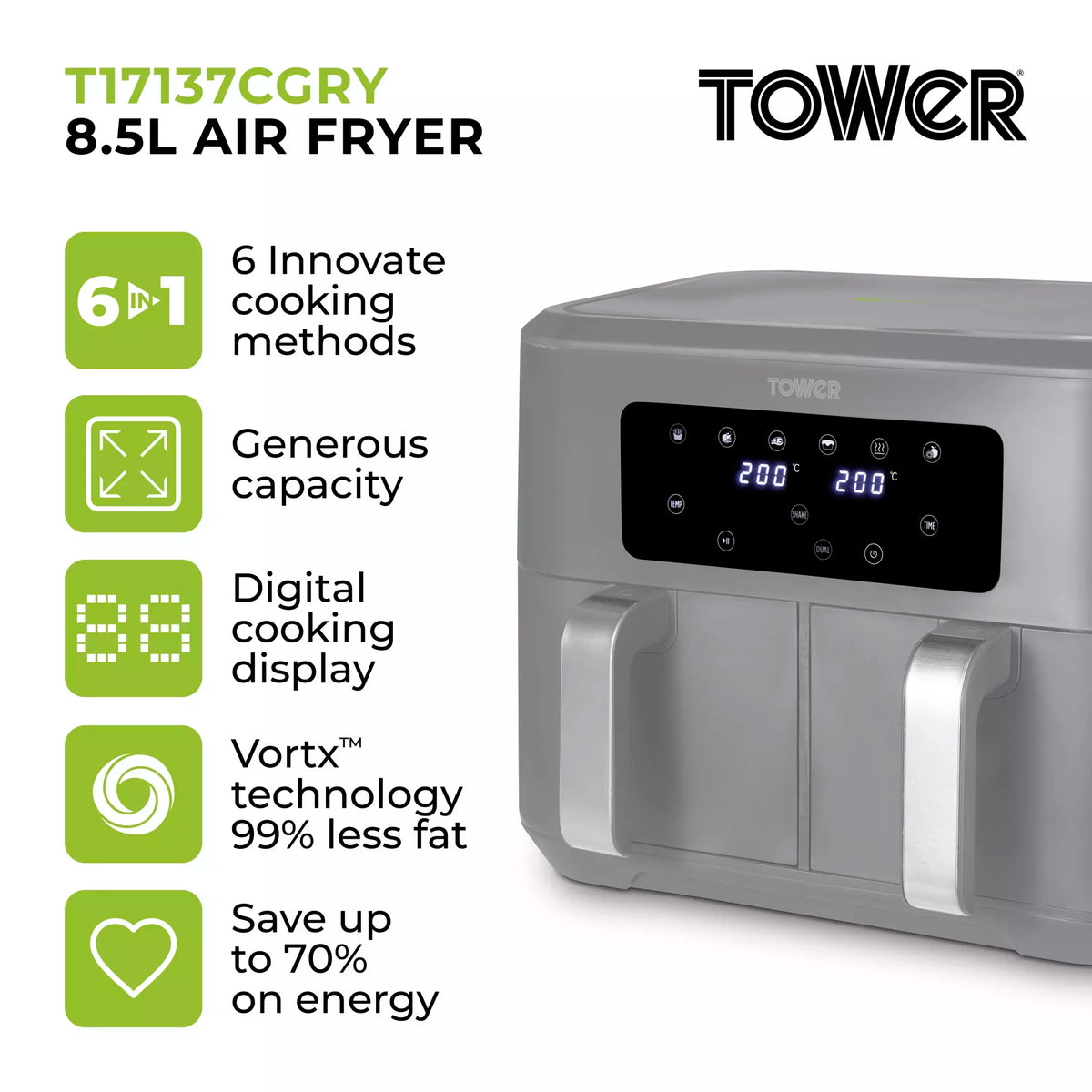 Tower Vortx T17137CGRY  8.5L Dual Basket  Air Fryer - Grey / Chrome