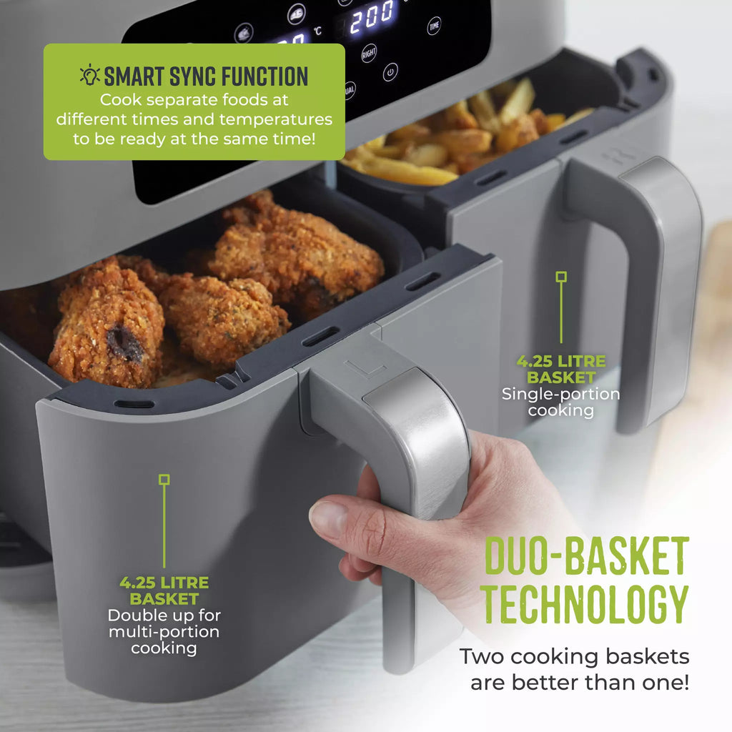 Tower Vortx T17137CGRY  8.5L Dual Basket  Air Fryer - Grey / Chrome