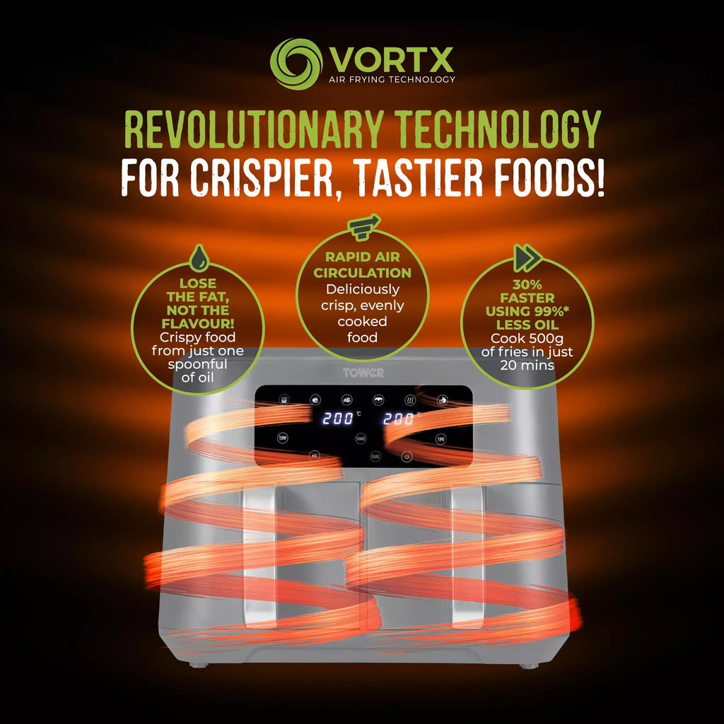 Tower Vortx T17137CGRY  8.5L Dual Basket  Air Fryer - Grey / Chrome