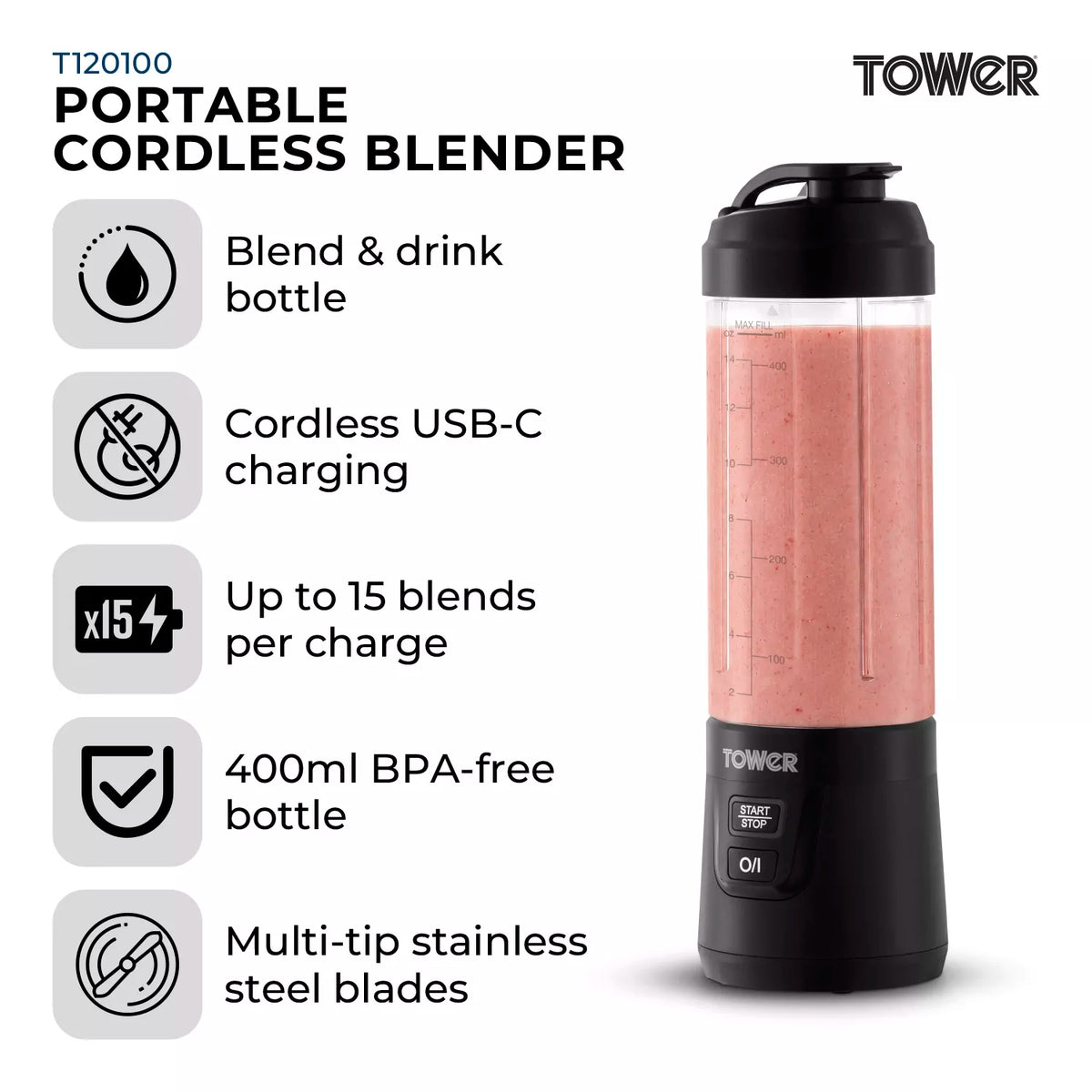 Tower T120100 Portable Rechargeable Blender- Black