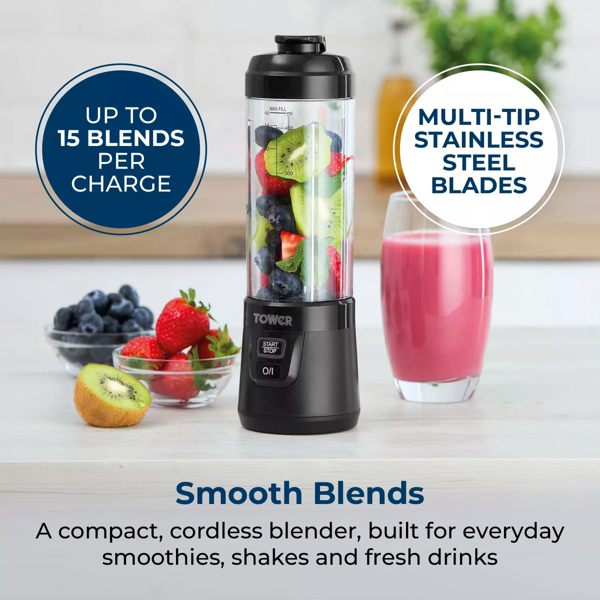 Tower T120100 Portable Rechargeable Blender- Black