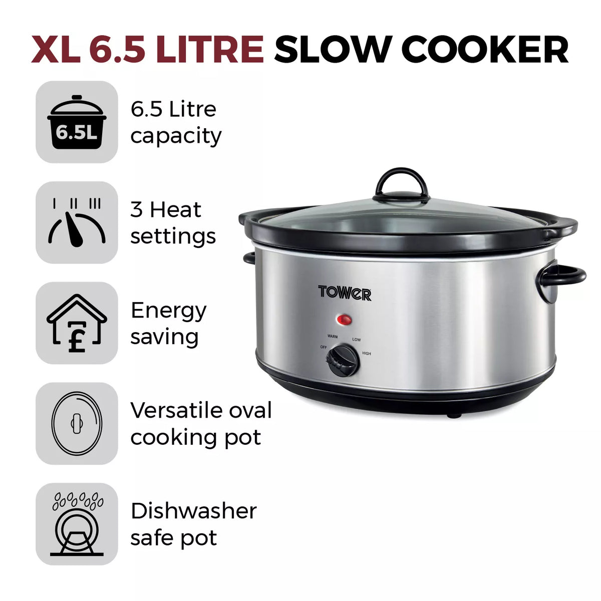 Tower T16040Y 6.5 Litre  Slow Cooker- Stainless Steel