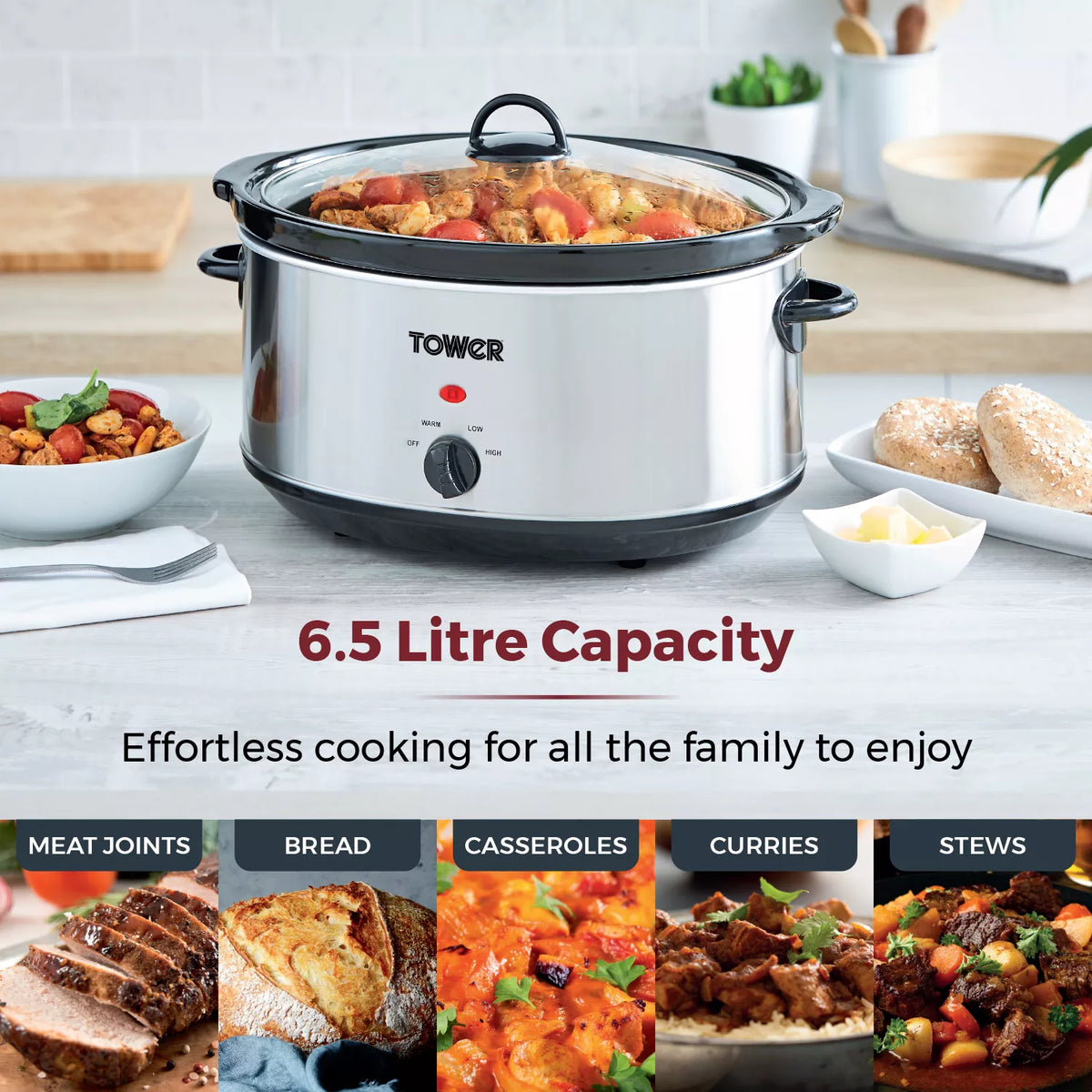 Tower T16040Y 6.5 Litre  Slow Cooker- Stainless Steel