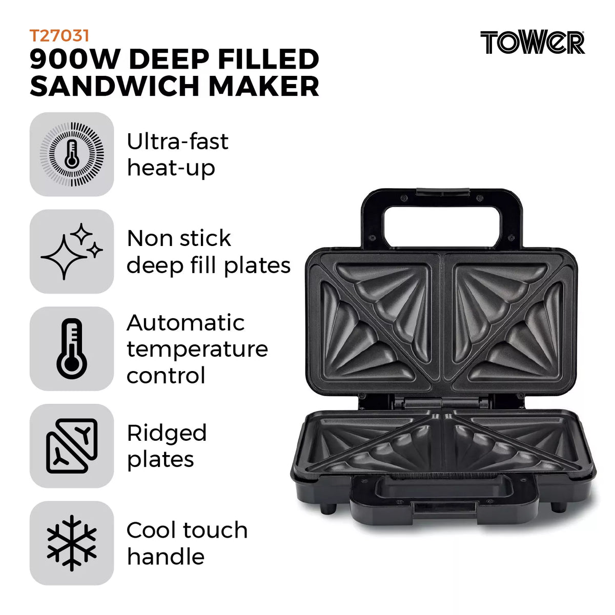 Tower T27031 900W Deep Filled Sandwich Maker Stainless Steel