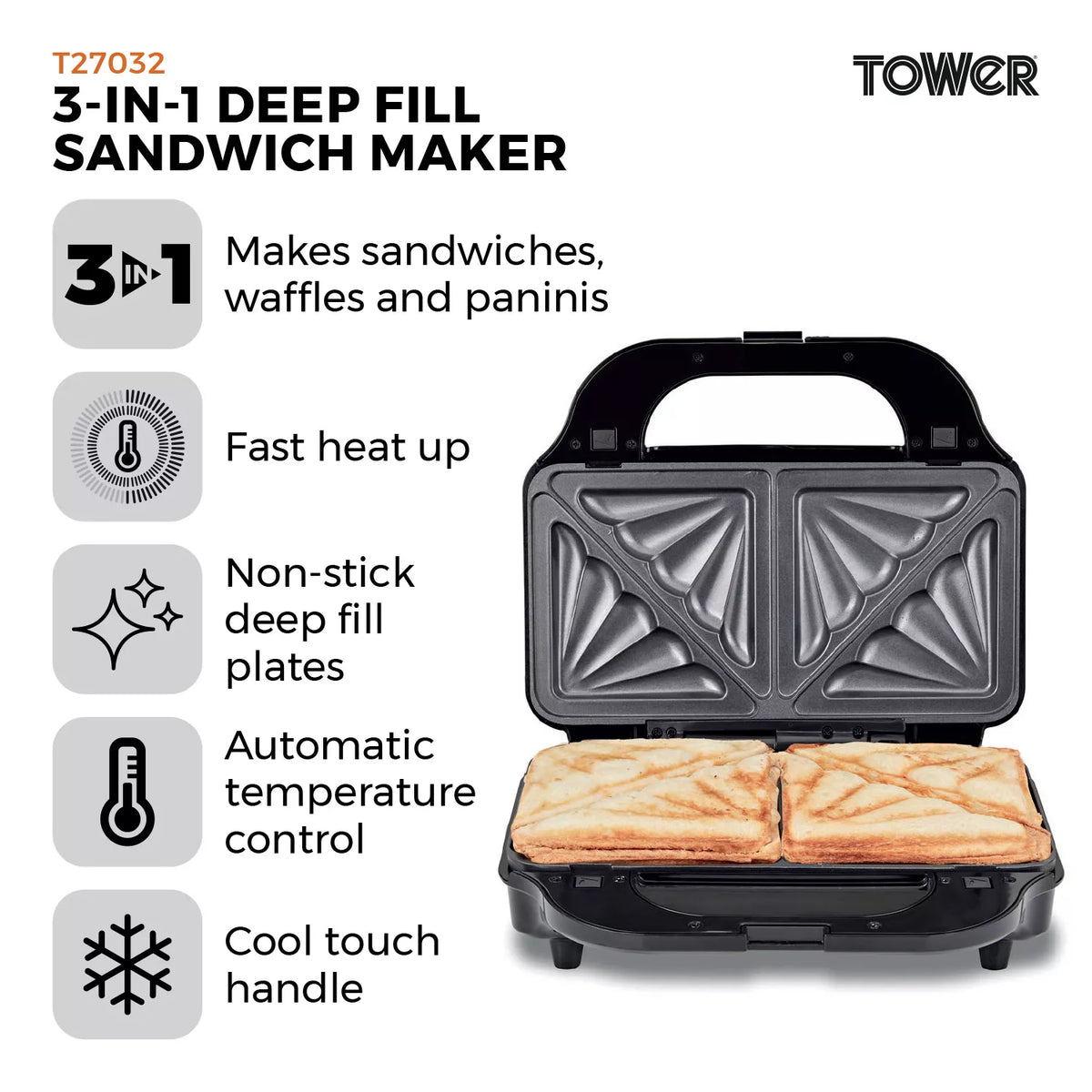 Tower T27032 3-in-1 Deep Fill Sandwich and Waffle Maker