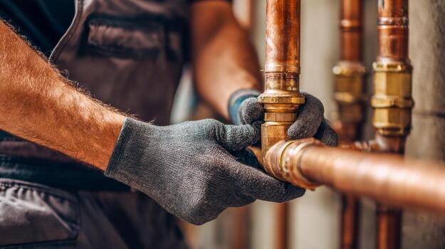 A close-up of a plumber's gloved hands connecting a brass pipe fitting to copper pipes, with a dark work apron visible in the background.