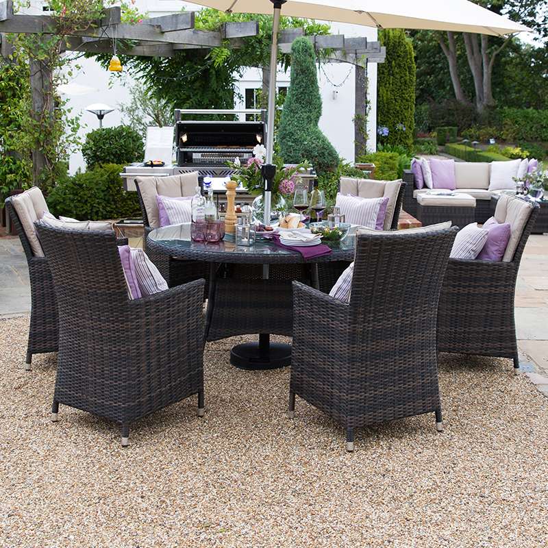 Nova Sienna 6 Seat Dining Set 1 3m Round Table Brown Romerils - 6 Seater Rattan Patio Set With Parasol Nova Sienna 6 Seat Dining Set 1 3m Round Table Brown Romerils - 6 Seater Rattan Patio Set With Parasol