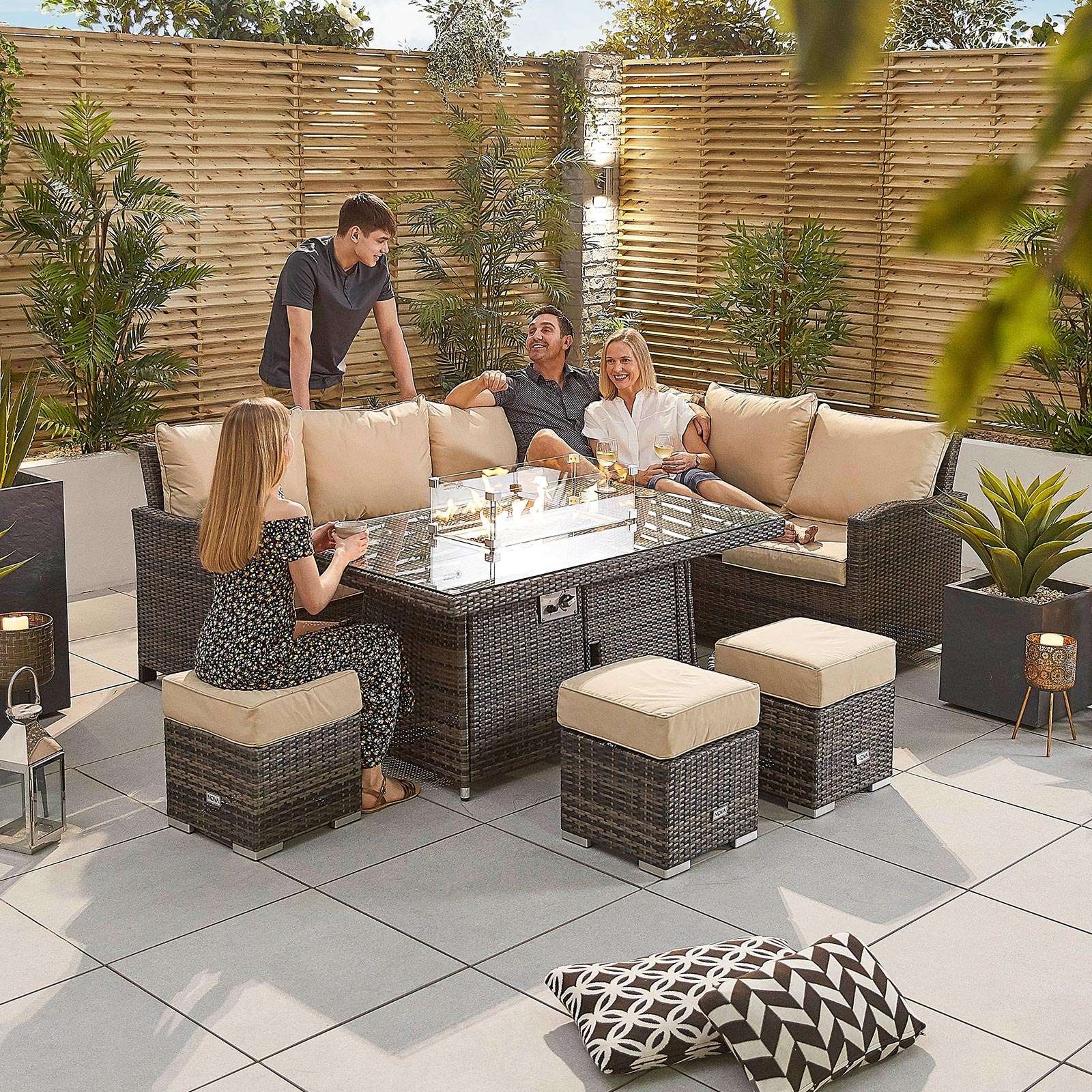 Nova Cambridge Corner Dining Set with Fire Pit Table Right Hand Brown Romerils Jersey