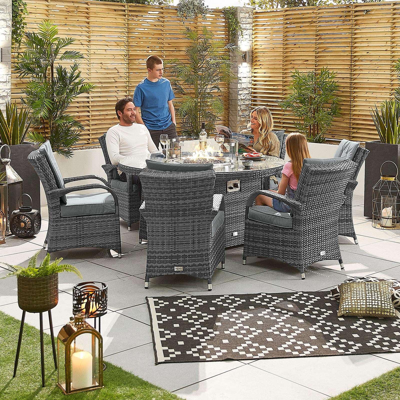 Nova Olivia 6 Seat Dining Set with Fire Pit 1.5m Round Table Grey